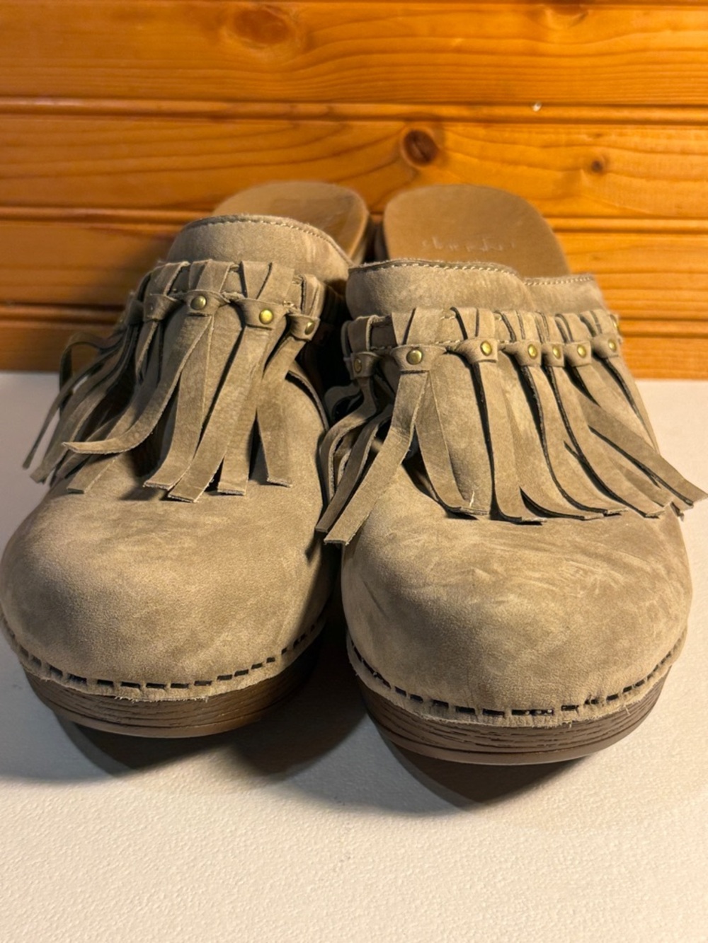Dansko Taupe Suede Fringed Clog Mules - Picture 3 of 8